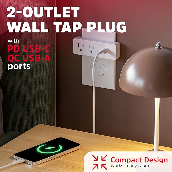Energizer 4 Device Fast Charging Multi Plug Wall Outlet Extender (2) AC Power Outlets (1) 20W PD Type C Port (1) 18W USB A Port Power Strip Expander Outlet Splitter Plug in Adapter