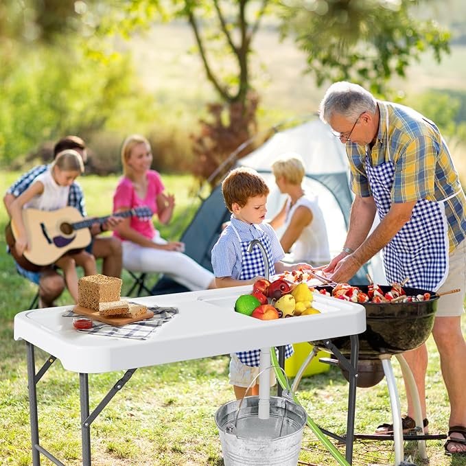 Folding Fish Cleaning Table with Sink, Portable Camping Sink Table with Measure Mark, Drainage Hose and Knife Groove, Outdoor Fish Fillet Cleaning Station for Picnic Fishing, White