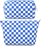 SOIDRAM 2 Pcs Checkered Makeup Bag Large Cosmetic Bag Toiletry Bag Makeup Pouch Travel Bag Organizer Cute Makeup Brushes Aesthetic Accessories Storage Bag for Women Royal Blue