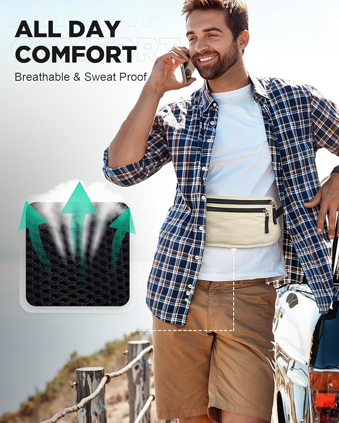 VULKIT Money Belt for Travel, Hidden Passport Holder, Anti-Theft Travel Wallet Under Clothes, RFID Blocking Waist Pouch, Undercover Fanny Pack, Cream White