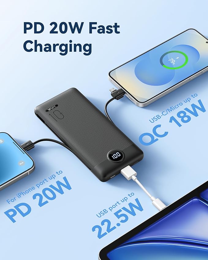 VRURC Portable Charger Power Bank - 10000mAh Fast Charging PD 20W with Wall Plug Slim Portable Charger Built in Cables USB C Portable Phone Charger Travel Accessories -Black(1 Pack)