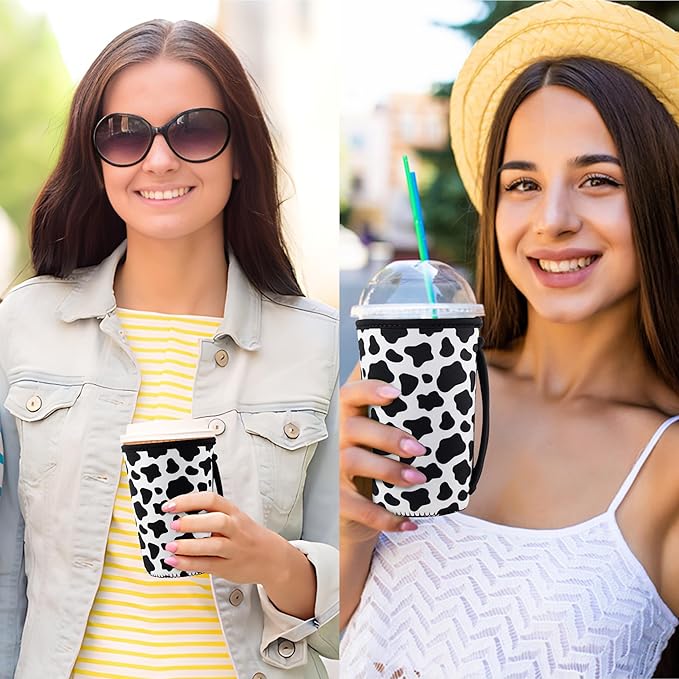 KJQJLY 3 Pack Reusable Iced Coffee Sleeves for Iced Coffee Cups or Drinks Reusable Neoprene Insulated Sleeves for Hot and Cold Drinks from Starbucks, Dunkin, And More (Cows)