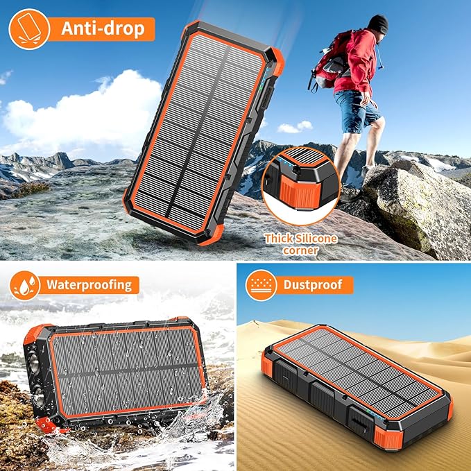 Solar Charger Power Bank 20000mAh Wireless Charger QC 3.0 Fast Charging Power Bank 8 Outputs 4 Inputs Solar Portable Charger Compatible with All Mobile Devices,SOS/Strobe/Strong Flashlights (orange)