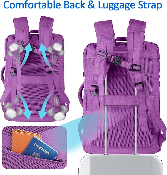 AREYTECO 50L Carry On Backpack, Extra Large Laptop Backpack, Travel Backpack for Women, Expandable Water Resistant Big Bag Anti-Theft Business Daypack Fit 17 Inch Laptop,Purple