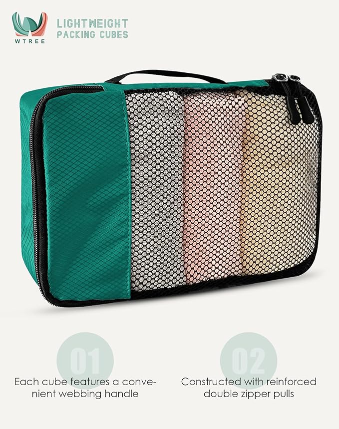 WTREE 4-Piece Packing Cubes Travel Accessories Set for Suitcases - Luggage Organizer Bags with Double Zipper - Mesh Top - Medium - Green