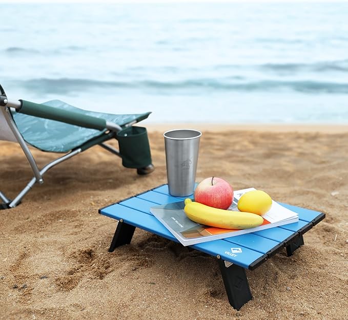 VILLEY Portable Mini Folding Beach Table, Ultralight Aluminum Side Table with Carry Bag for Camping, Picnics, and Outdoor Activities - Blue