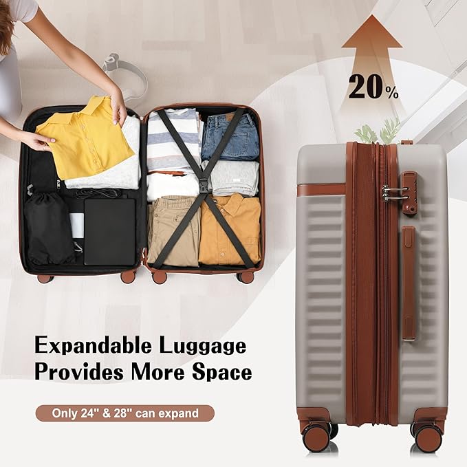 3 Piece Luggage Set ABS Hardshell Lightweight Suitcase Sets with Spinner Wheels and TSA Lock, 20 inch with Front Opening Design and USB Port, 20" Airline Certified Carry-on Luggage, 20"24"28", Khaki