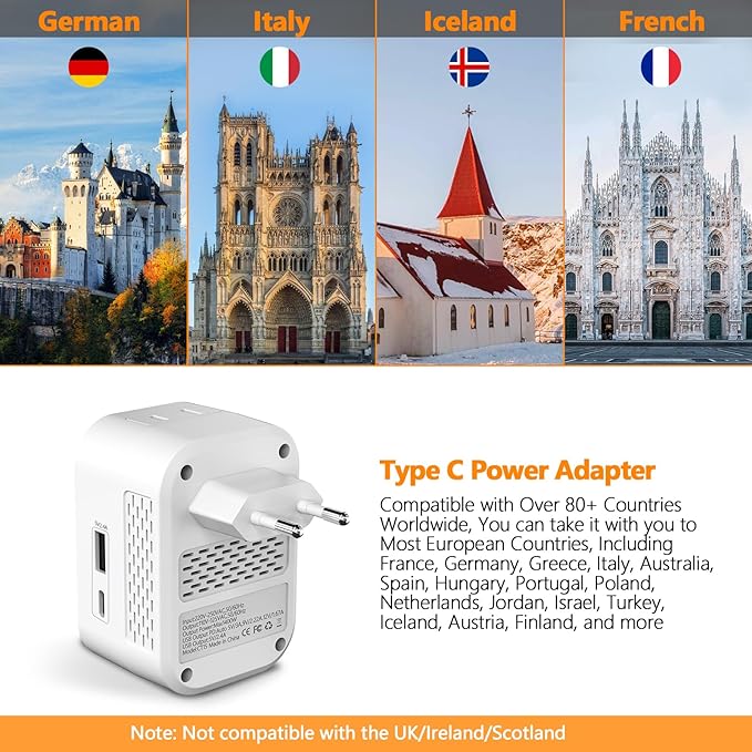 Voltage Converter US to Europe, 220V to 110V Converter for European Travel, Power Converter for Europe with 20W PD,2 Type-C Port 2 USB-A,Power Plug Combo for Italy Spain Greece - White