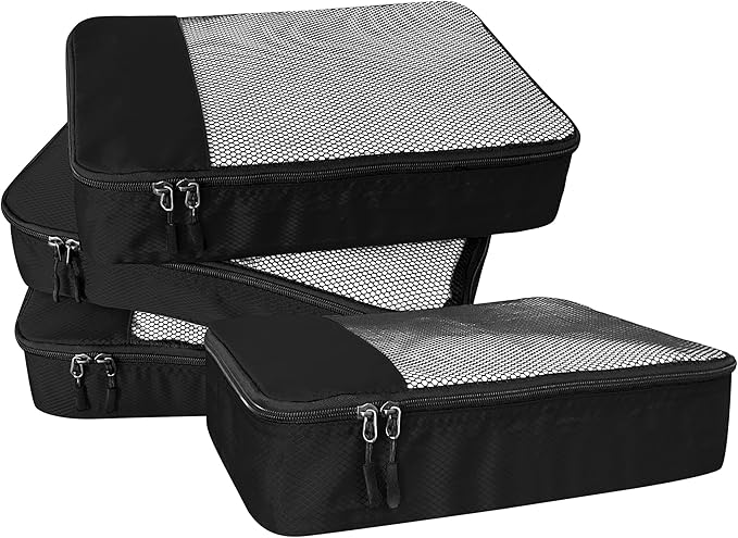 WTREE 4-Piece Packing Cubes Travel Accessories Set for Suitcases - Luggage Organizer Bags with Double Zipper - Mesh Top - Medium - Black