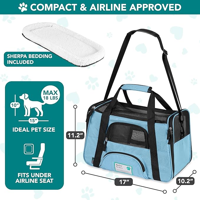 PetAmi Airline Approved Pet Carrier for Cats & Small Dogs, Soft Sided TSA Travel Carrier Bag with Sherpa Bed, Breathable Mesh Ventilation, Collapsible Bowl, Fits Under Seat, Up to 18 lbs, Small Blue