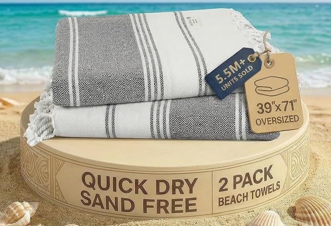 LANE LINEN Beach Towel, 2 Pack Beach Towels Oversized, 39"x71", Quick Dry Pool Towels for Adults, Absorbent Sandproof, Lightweight Travel Beach Towel - Ebony