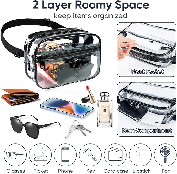 Clear Fanny Pack for Stadium Events - Clear Bag for Women Men | Lightweight Waist Pack for Concerts, Sports Games Day & Travel Stadium Approved Transparent Bag (Black)
