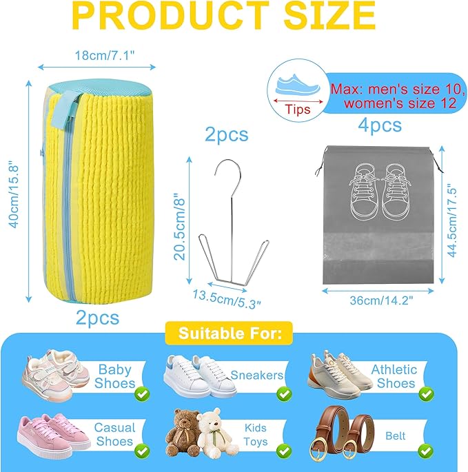 vorona Shoe Washing Machine Bag, 2PCS Reusable Shoe Bag for Washing Machine, 360° Deep Clean, Includes 4 Shoe Storage Dust Bags & 2 Drying Racks, XXL Laundry Shoe Bag for Sneakers Tennis Shoes, Yellow