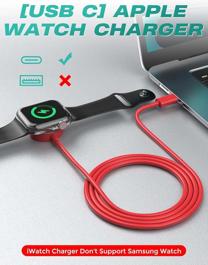 2Pack USB C for Watch Charger Magnetic Charger Wireless Portable Compatible with Watch Ultra2 Ultra Series 10/9/8/7/6/SE/SE2/5/4/3/2/1-[1m/Red]