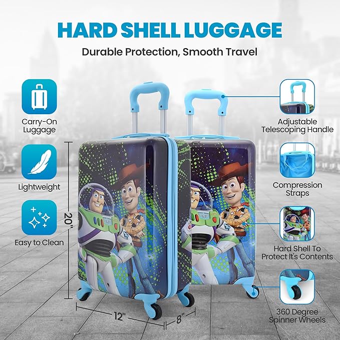 Disney Toy Story 20" Hardshell Luggage - Woody Buzz Cute & Durable Hard-side Suitcase for Travel with Spinner Wheels 20"x12"x8"