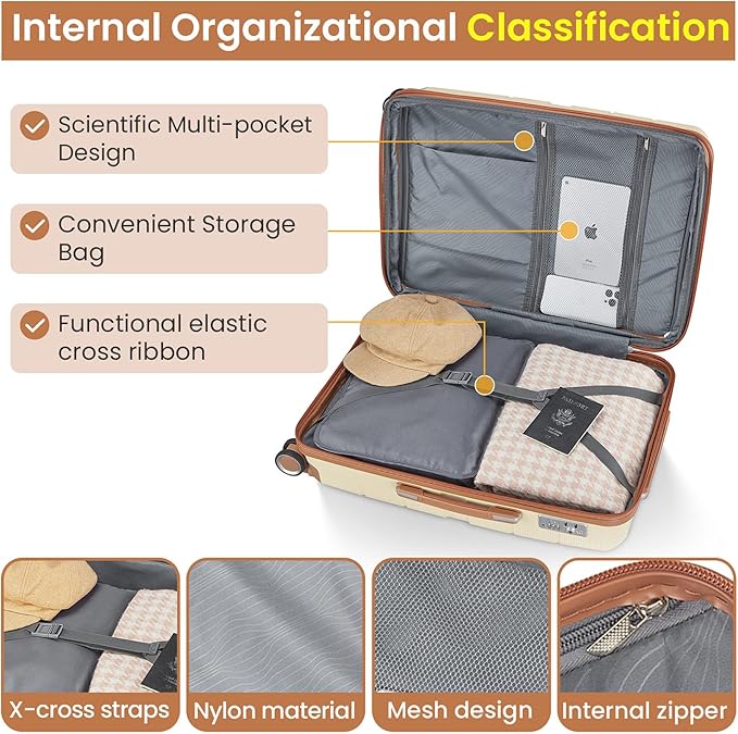 Hard Shell Luggage Sets 4 Piece with 360 Spinner Wheels,Lightweight Suitcase Set with TSA Lock,Travel Luggage Set with Telescoping Handle,Light and Strong,Easy to Clean (Apricot Cream)