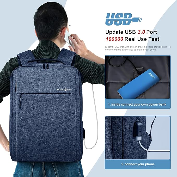 Laptop Backpack, Business Slim Durable 17 Inch Laptops Travel Backpacks with USB Charging Port, Backpacks Bookbag Computer Work Bag Gifts for Men Women Fits Notebook (Blue)