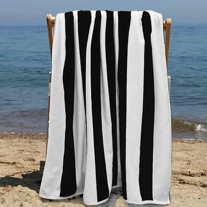 COTTON CRAFT Oversized XXL Beach Towel - 2 Pack 35x84 - The Big Kahuna 7 Foot Extra Large Beach Blanket Towel - Big & Tall - Huge 100% Cotton Velour Soft Luxury Pool Bath Towel - Cabana Stripe Black