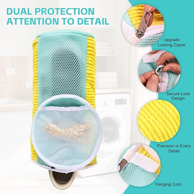 Shoe Washing Machine Bag Reusable Sneaker Washing Bag with Built-in Fluffy Brushes for 360° All-Around Cleaning. Laundry Shoe Bag is Designed for Washer and Dryer （Yellow 4pcs Pro）