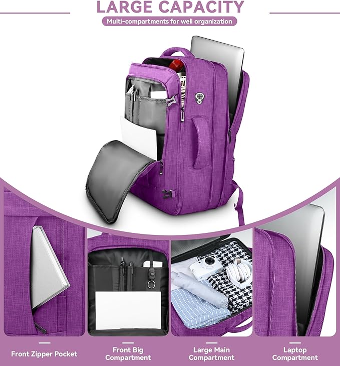 AREYTECO 50L Carry On Backpack, Extra Large Laptop Backpack, Travel Backpack for Women, Expandable Water Resistant Big Bag Anti-Theft Business Daypack Fit 17 Inch Laptop,Purple