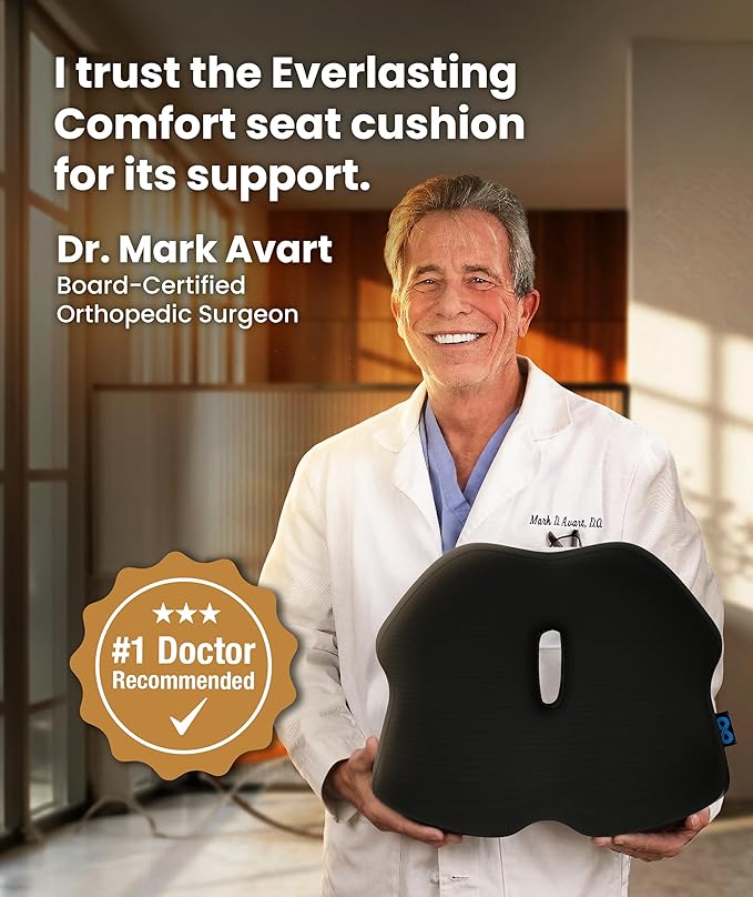 Everlasting Comfort Doctor Recommended Memory Foam Seat Cushion for Office Chairs & Car - Ergonomic Office Desk Accessories - Cushions for Tailbone Pain Relief, Sciatica