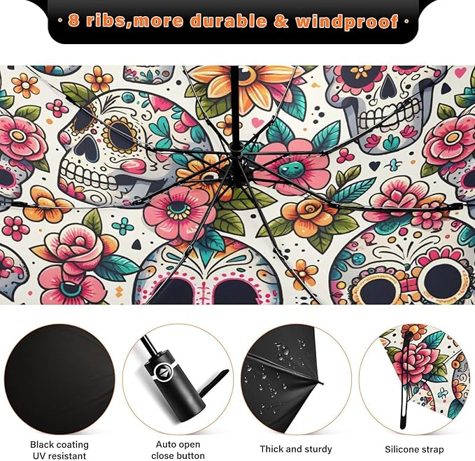ALAZA Folding Umbrella Sugar Skulls Day Of The Dead Compact Travel Umbrella Automatic Open Close, Inverted Umbrellas for Rain Windproof Sun Umbrellas UV Protection Large Portable Reverse
