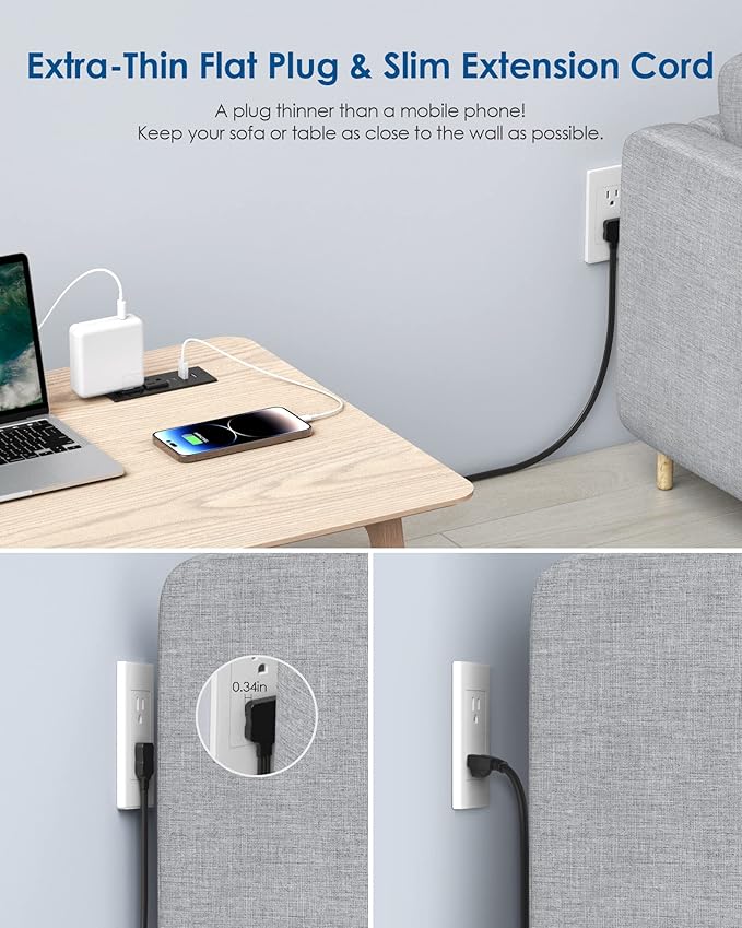 Recessed Power Strip with 30W USB C,Ultra Thin Flat Plug Power Strip,2 Outlets 4 USB Ports,Furniture Flush Mount Desk Outlet,Recessed Outlet for Side Table/Sofa Table,6ft Cord (Black)