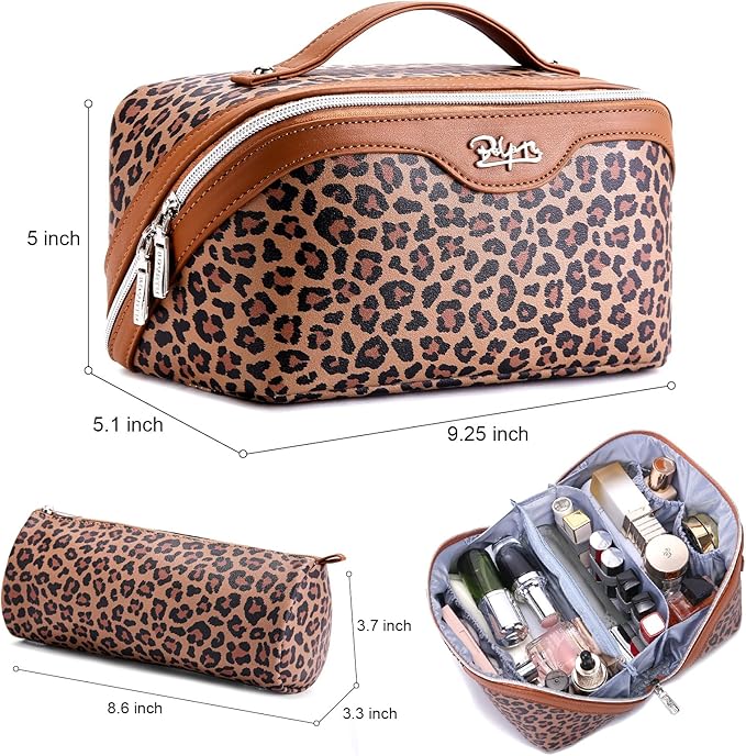 BOYATU Travel Makeup Bag for Women: 3 Pcs Set Portable Make up Bags with Handle - Leopard Print Cosmetic Bags with Comparments - Waterproof Vegan Leather Toiletry Bag (A-1-Brown)