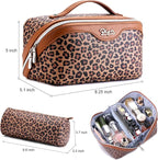BOYATU Travel Makeup Bag for Women: 3 Pcs Set Portable Make up Bags with Handle - Leopard Print Cosmetic Bags with Comparments - Waterproof Vegan Leather Toiletry Bag (A-1-Brown)