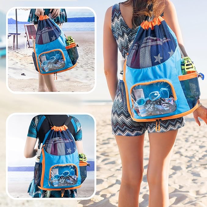 Mesh Drawstring Backpack with Shoe Compartment, Sandproof Beach Swim Bag with Wet Pocket, Pool Gym Shower Bag for Travel Summer Camp