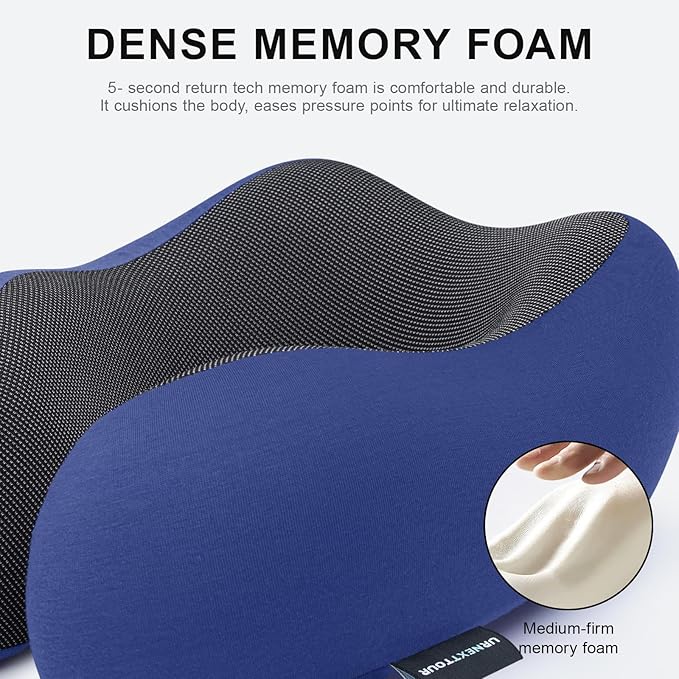 urnexttour Travel Pillow for Airplane Memory Foam Neck Pillow, Soft & Support Travel Pillow for Travelling, Sleeping Rest, Car, Train and Home Use (Dark Blue)
