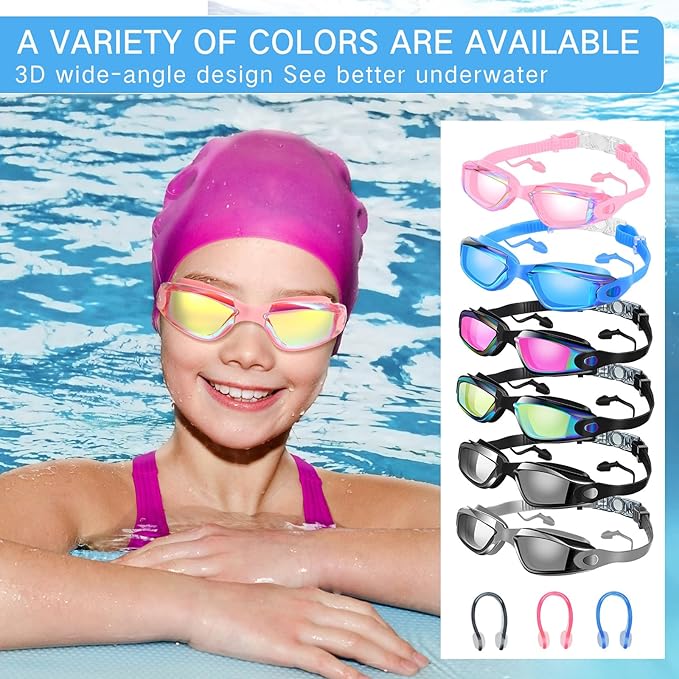 Flutesan 6 Pack Swim Goggles for Adult Anti Fog Swimming Glasses with Ear Plugs Nose Clip No Leaking Full Protection Goggles
