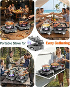 2 Propane Burners Camping Stove, 30,000 BTU Folding Camp Stove with Windproof Grates and Frying Pan,Portable Camping Stoves with Carrying Bag,Camping Essentials for Tailgating/Grilling/Coffee,Titanium