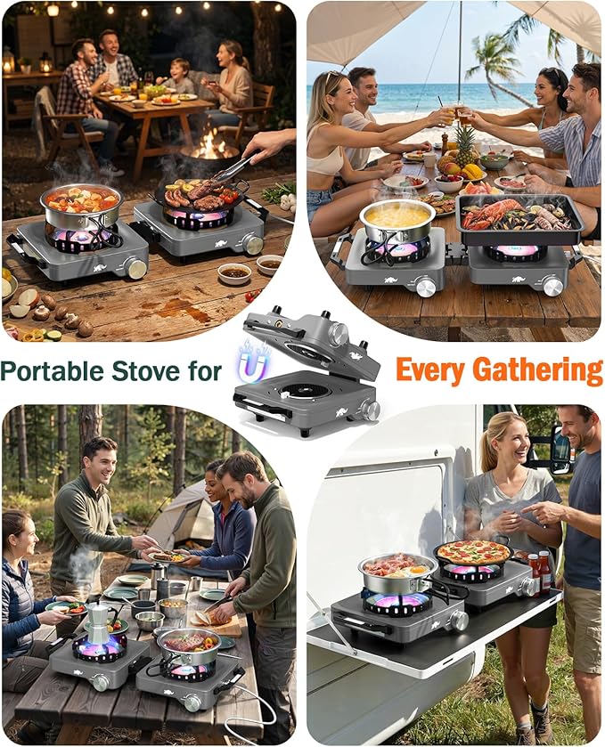 2 Propane Burners Camping Stove, 30,000 BTU Folding Camp Stove with Windproof Grates and Frying Pan,Portable Camping Stoves with Carrying Bag,Camping Essentials for Tailgating/Grilling/Coffee,Titanium