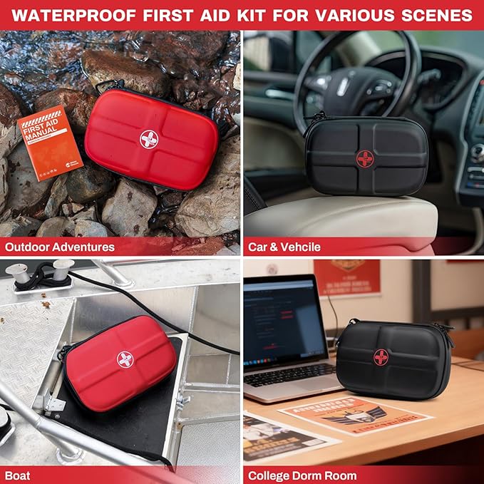 RHINO RESCUE EVA First Aid Kit, Small Waterproof Backpack Emergency Hiking First Aid Kit for Backpacking, Medical Kit for Travel, Home, Car, College Dorm, Camping, Boat, Back to School (Black)
