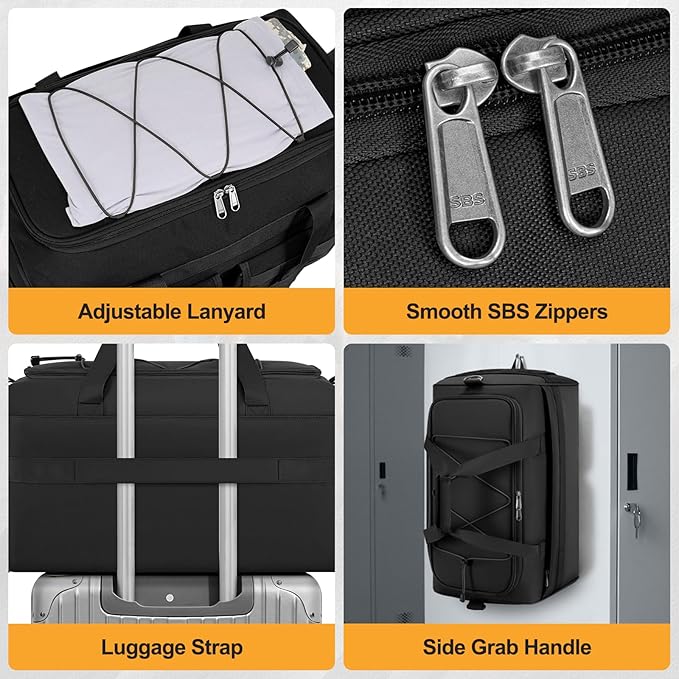 RAINSMORE 3 in 1 Gym Bag for Men, 45L Large Sports Duffle Bag with Shoe Compartment and Wet Pocket, Water-Resistant Tactical Backpack Carry On for Travel, Workout & Military Gear, Black