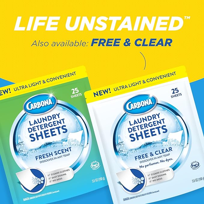 Carbona Laundry Detergent Sheets | Eco-Friendly Washing Detergent | Up to 50 Loads (25 Sheets) | Stain Remover | Fresh Scent