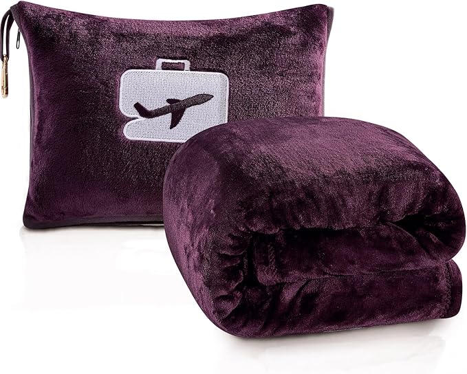 Comfort Fly Travel Blanket & Pillow – 2-in-1 Micro Plush Airplane Blanket with Carry Case (40" x 70") - Plum