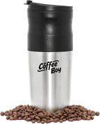 Equinox Coffee Boy All-in-One Portable Pour Over Coffee Maker, 14oz Silver Travel Mug, Compact, Manual, 12 Watts, 12 Volts, 1 Count
