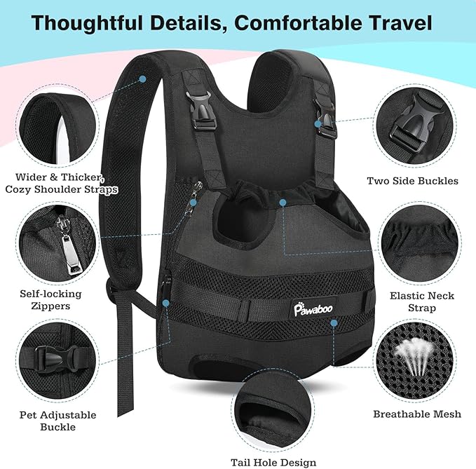 Pawaboo Pet Dog Front Carrier Backpacks, Legs Out Pet Carrier Backpack for Dogs, Adjustable Dog Chest Carriers Purse for Small Medium Dogs Hands Free for Travel Hiking Cycling Camping, L, Black