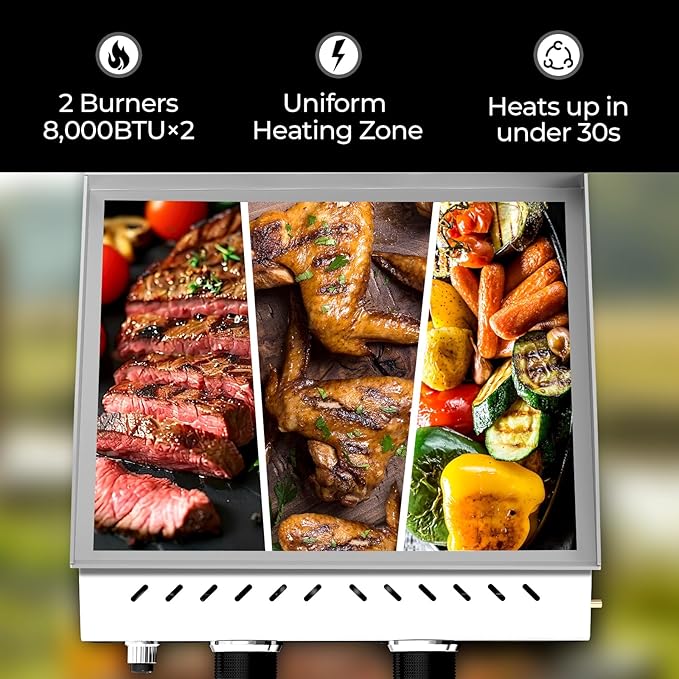 R.W.FLAME Portable Propane Griddle,Stainless Steel Gas Grill,Table Top Grill for Outdoor BBQ,Camping and RVs,Silver (2 Burner)