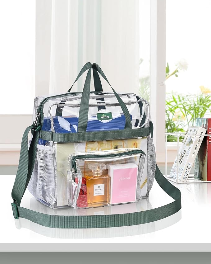 MAY TREE Clear Bag for Stadium Events 12×6×12 Clear Tote Lunch Bag with Reinforced Straps for Work, Sporting Events and Gym, Green
