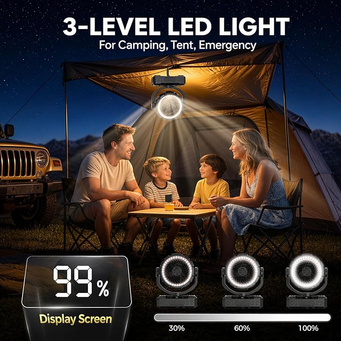 Rechargeable Camping Fan with Oscillating,【Max 60Hrs】Portable Battery Powered Operated Fan,20000mAh Outdoor Turbo Tent Fan & Light,Timer,Hook for Travel,Fishing,Jobsite,Beach,Indoor,Camping Essential