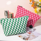 SOIDRAM 2 Pieces Makeup Bag Large Checkered Cosmetic Bag Capacity Canvas Travel Toiletry Bag Organizer Cute Makeup Brushes Aesthetic Accessories Storage Bag for Women, Checkered L Green Rose red