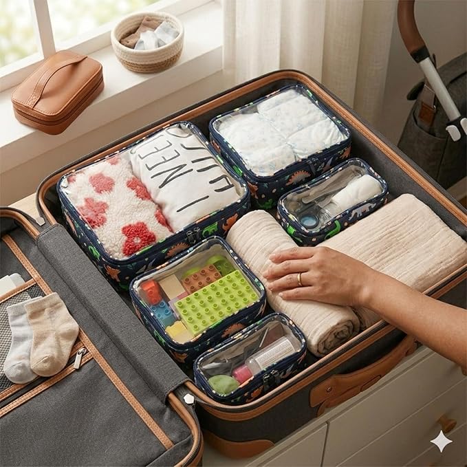 Remobia Hicol TSA Approved 5-Piece Diaper Bag Organizer Pouch Set Clear Waterproof TPU Kids Toiletry Storage Set Travel Packing Clutch Cube Bags for Baby Nursing(Dinosour)