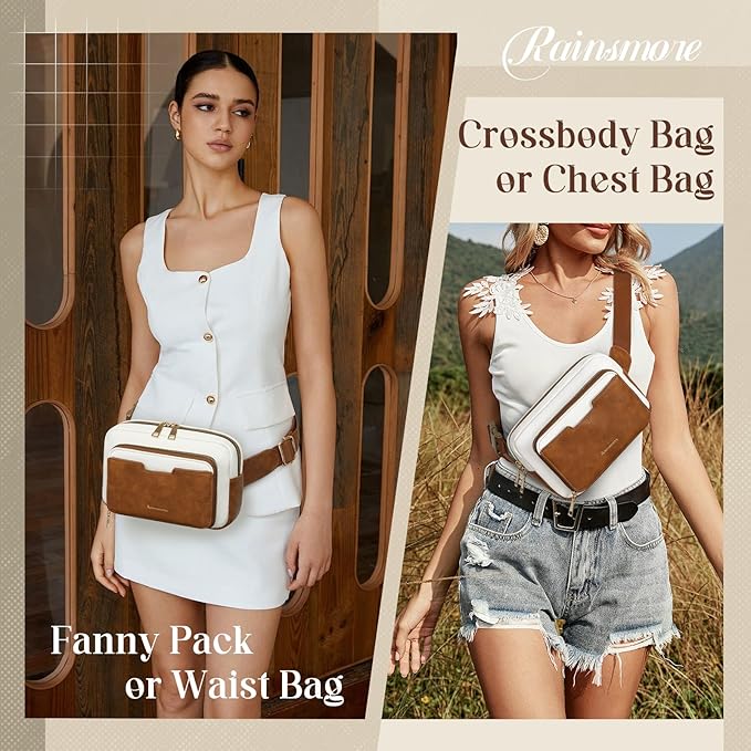 RAINSMORE Fanny Packs for Women, Leather Belt Bag Waterproof Everywhere Crossbody Waist Pack with Adjustable Strap Retro Sling Chest Bag for Work Running Travel Party, Brown with White