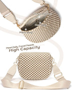 Trendy Woven Checkered Crossbody Bum Bag for Women，PU Leather Checkered Purse Fanny Packs Belt Bag (Woven Bum Bag - Khaki Beige)