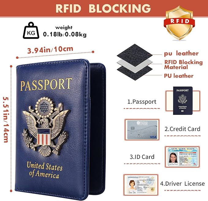 Passport Holder Cover Travel Wallet RFID Blocking Leather Family Passport Organization Personalized Wallet for Men or Women (Blue)
