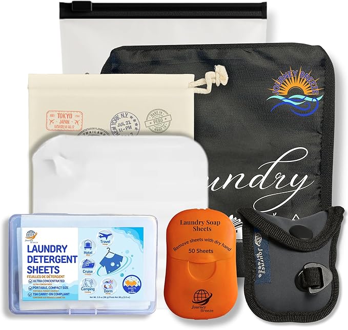 Travel Laundry Detergent Sheets Kit – 2-Size Travel Detergent Sheets + Lightweight Clothesline, Universal Sink Stopper & Foldable Laundry Bag Great for Hotels, Cruises, Camping & Trips
