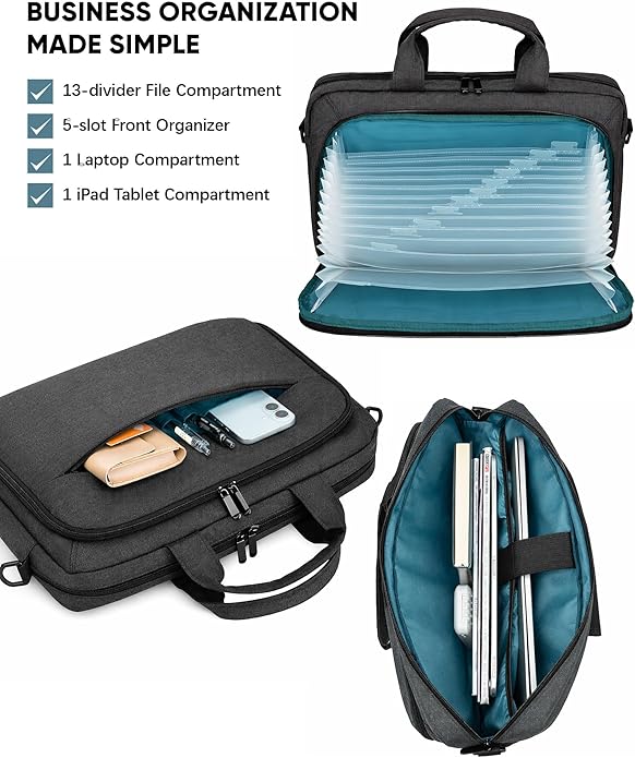 Bulado Laptop Bag with File Organizer, Water-Resistant Laptop Case, 15.6 Inch Multi-Compartment Work Bag for Men and Women, Carry-On for Business Commute Work Travel Trip